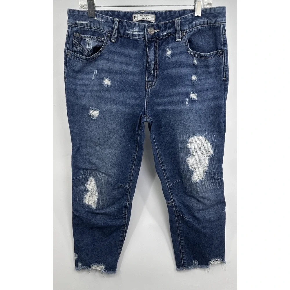 Free People Jeans Womens Size 30 Blue Distressed Straight Leg Raw Hem Cropped